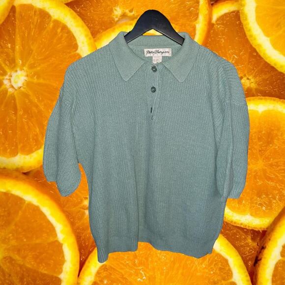 Norm Thompson Linen‎ Blue/Green Short Sleeve Polo Knit Sweater Size Medium - Picture 1 of 5